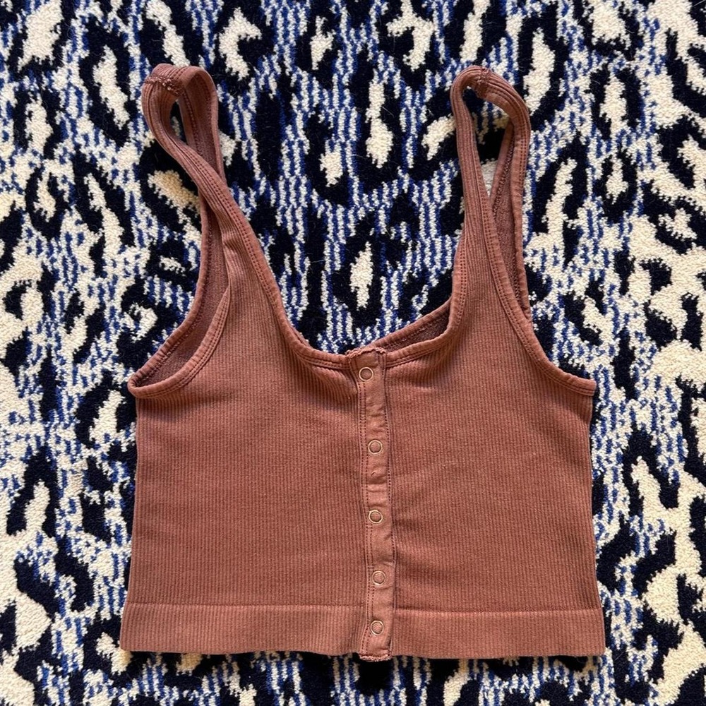 Brown Ribbed Knit Cropped Button Up Tank Top Size S